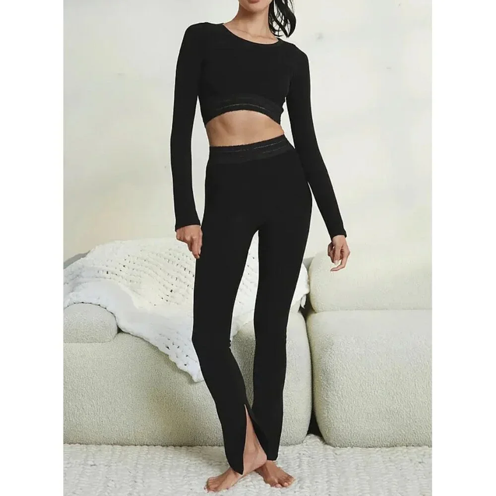 Alo Seamless Luxe Terry High-Waist Cuddle Legging Black Hi-Rise Slit Hem Bootcut